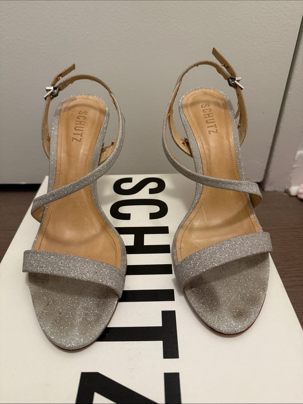 SCHUTZ Silver Glitter Strappy Sandal - Open Toe Ankle Buckle Heel